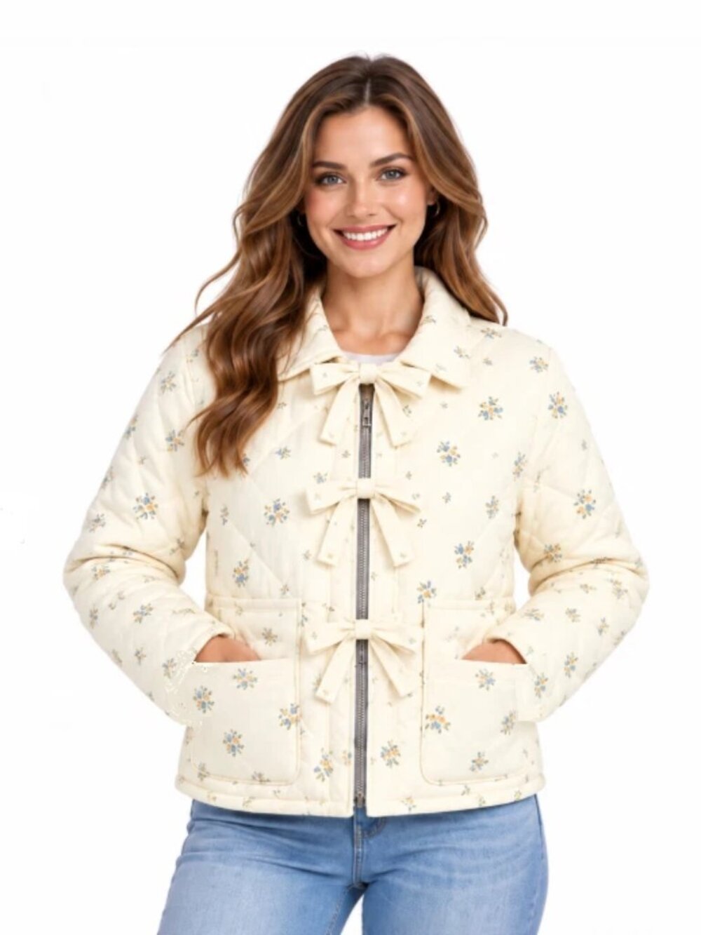 NWT No Boundaries Women's AV Custard Cluster Floral Quilted Bow Puffer Jacket